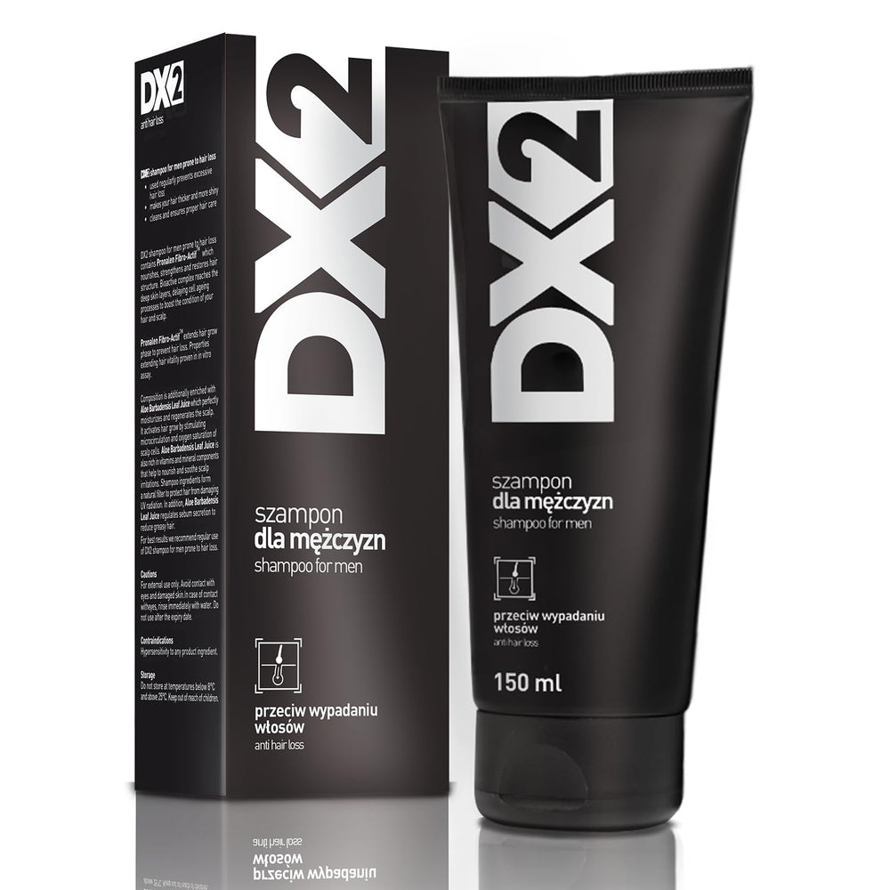 Aflofarm DX2 shampoo bottle demonstrating hair loss prevention for men.