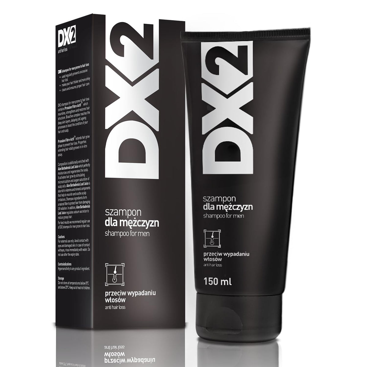 Aflofarm DX2 shampoo bottle demonstrating hair loss prevention for men.