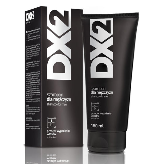 Aflofarm DX2 shampoo bottle demonstrating hair loss prevention for men.