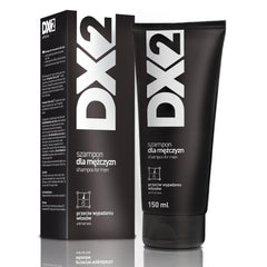 Aflofarm DX2 shampoo bottle demonstrating hair loss prevention for men.