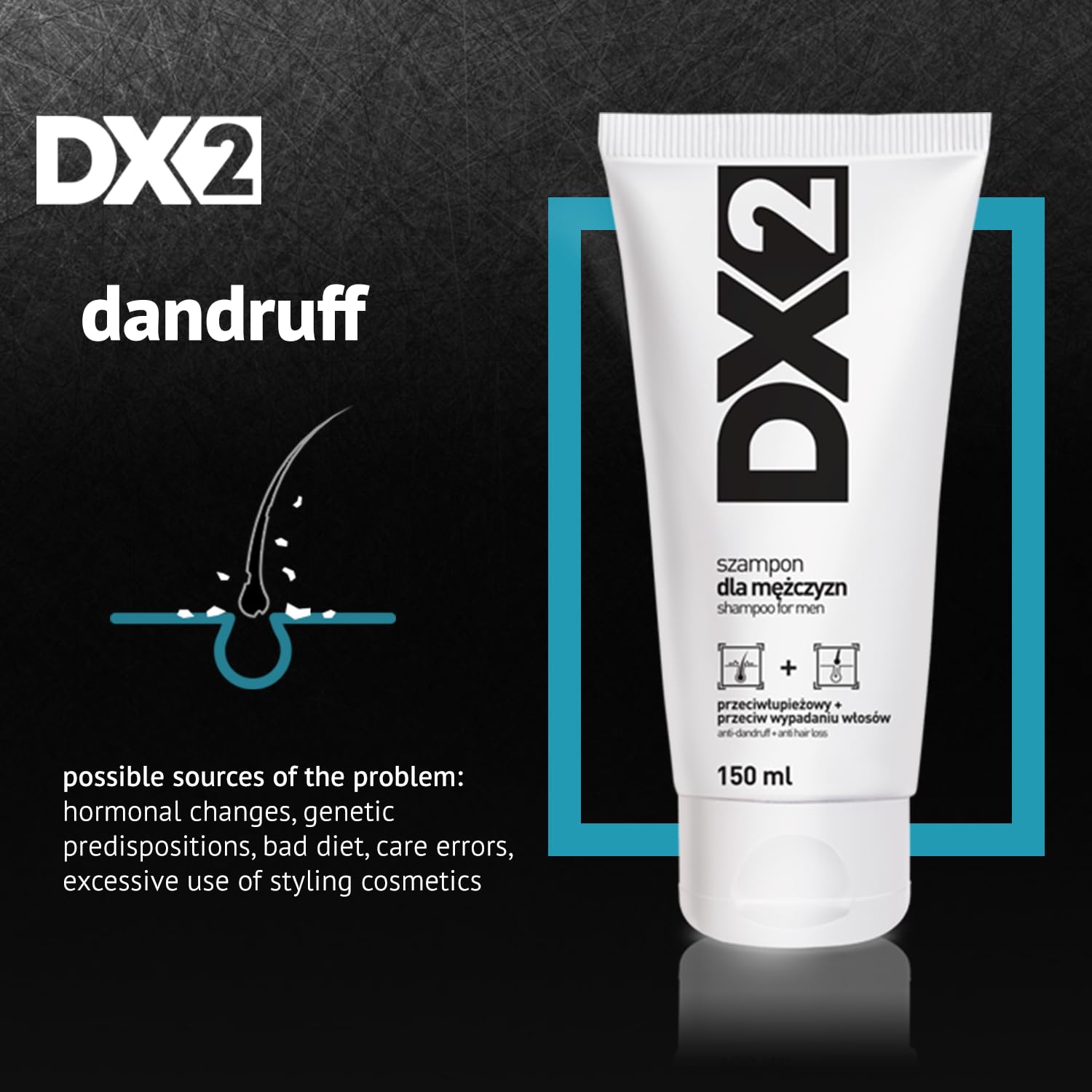 DX2 application close-up suggesting hair-strength and reduced shedding.