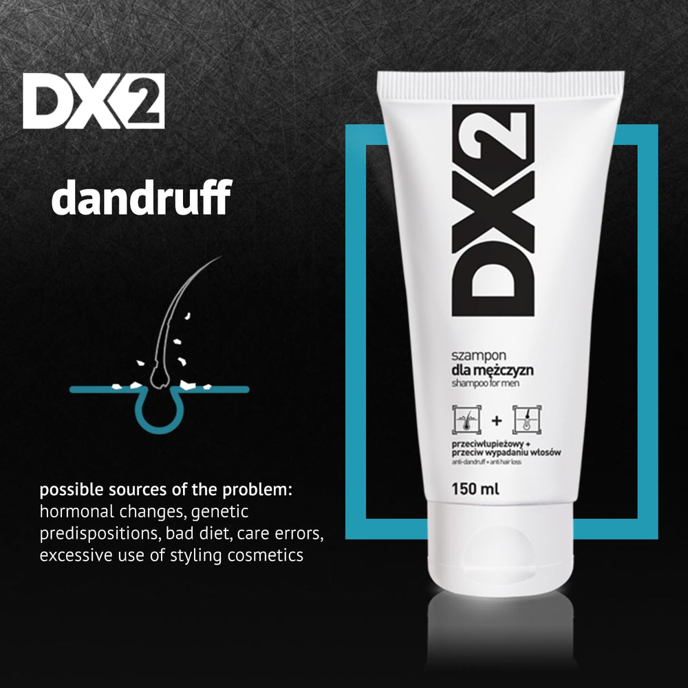 DX2 application close-up suggesting hair-strength and reduced shedding.