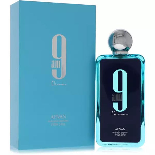 Afnan 9 AM Dive bottle front view for daily unisex wear.