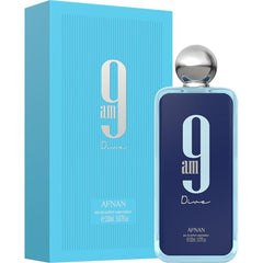 Afnan 9 AM Dive base notes ambergris and musk for lasting warmth.