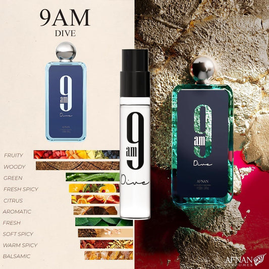 Afnan 9AM Pour Femme 2ml bottle close-up for on-the-go testing.