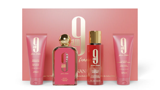 Afnan 9 AM Pour Femme EDP bottle close-up, offering a vibrant citrus and fruity scent profile.