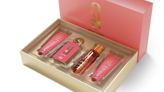 Afnan 9 AM Pour Femme gift set packaging, elegant arrangement highlighting a luxurious 4-piece collection.