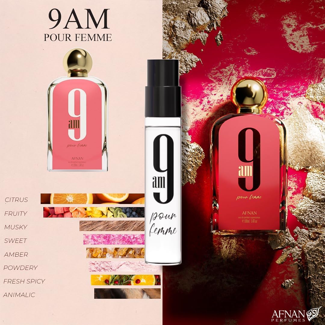 Afnan 9PM Pour Femme 2ml vial display highlights a feminine, portable option.
