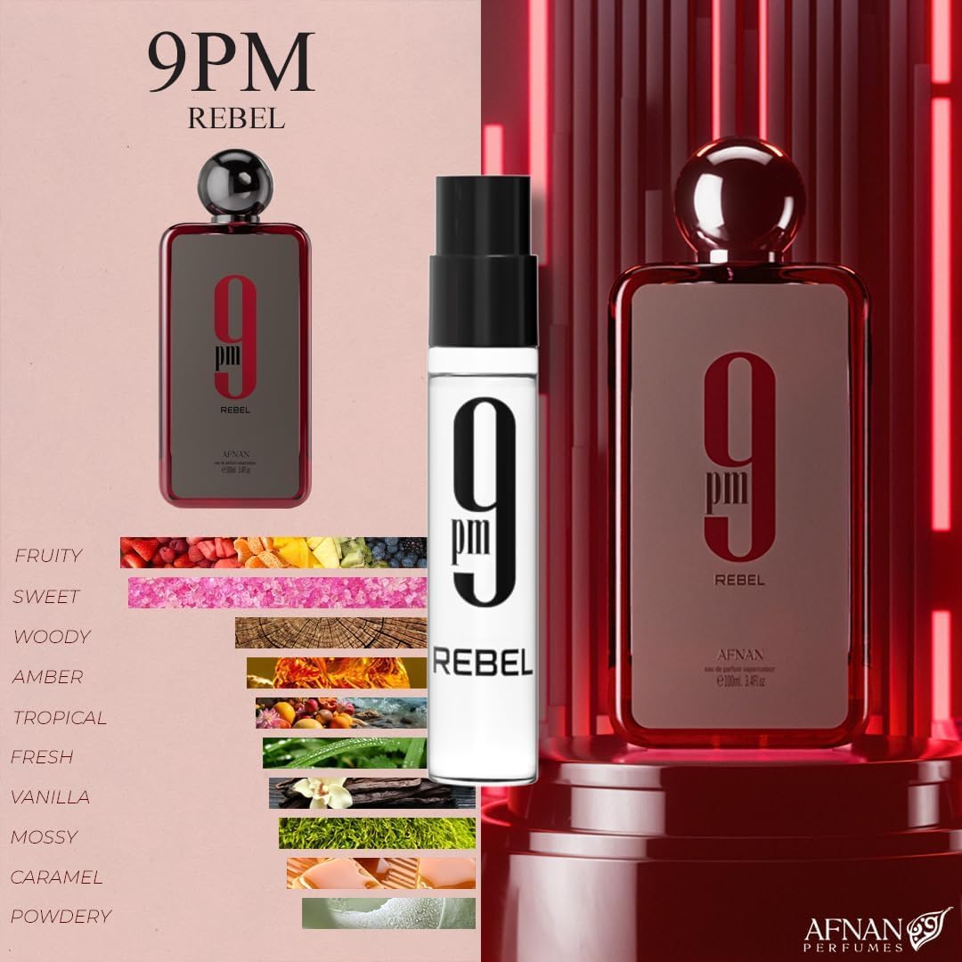 Afnan 9PM Pour Homme 2ml bottle product shot suitable for travel.