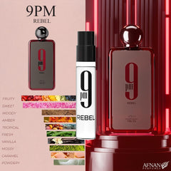 Afnan 9PM Pour Homme 2ml bottle product shot suitable for travel.