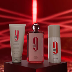 Afnan 9 PM Rebel gift set on display, complete premium fragrance routine.