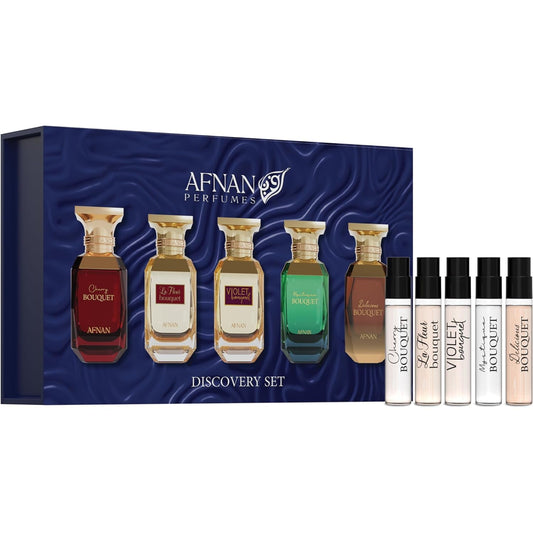 Afnan Bouquet Femme Discovery Kit packaging with five 2ml vials for travel sampling