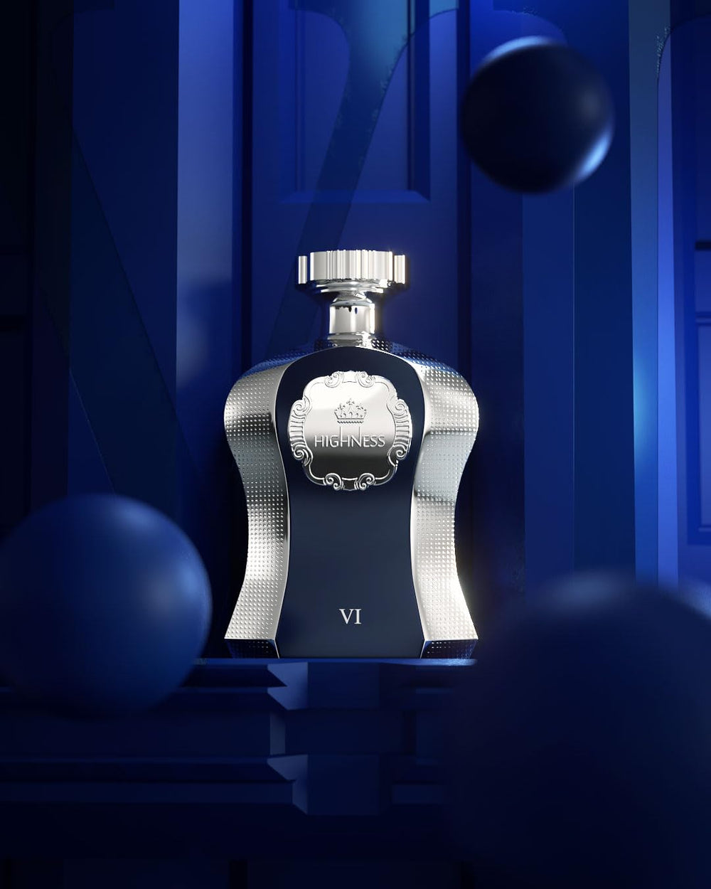 Afnan Highness Blue bottle on a dark surface conveys timeless elegance.