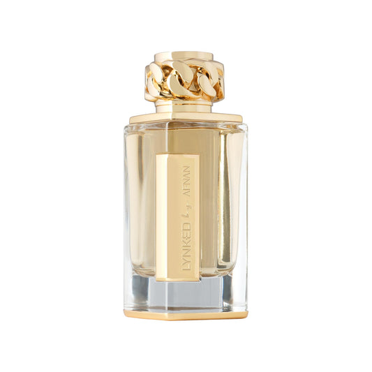 Afnan Lynked Forever Gold close-up bottle neck, suggesting precise spritz and long-lasting character.