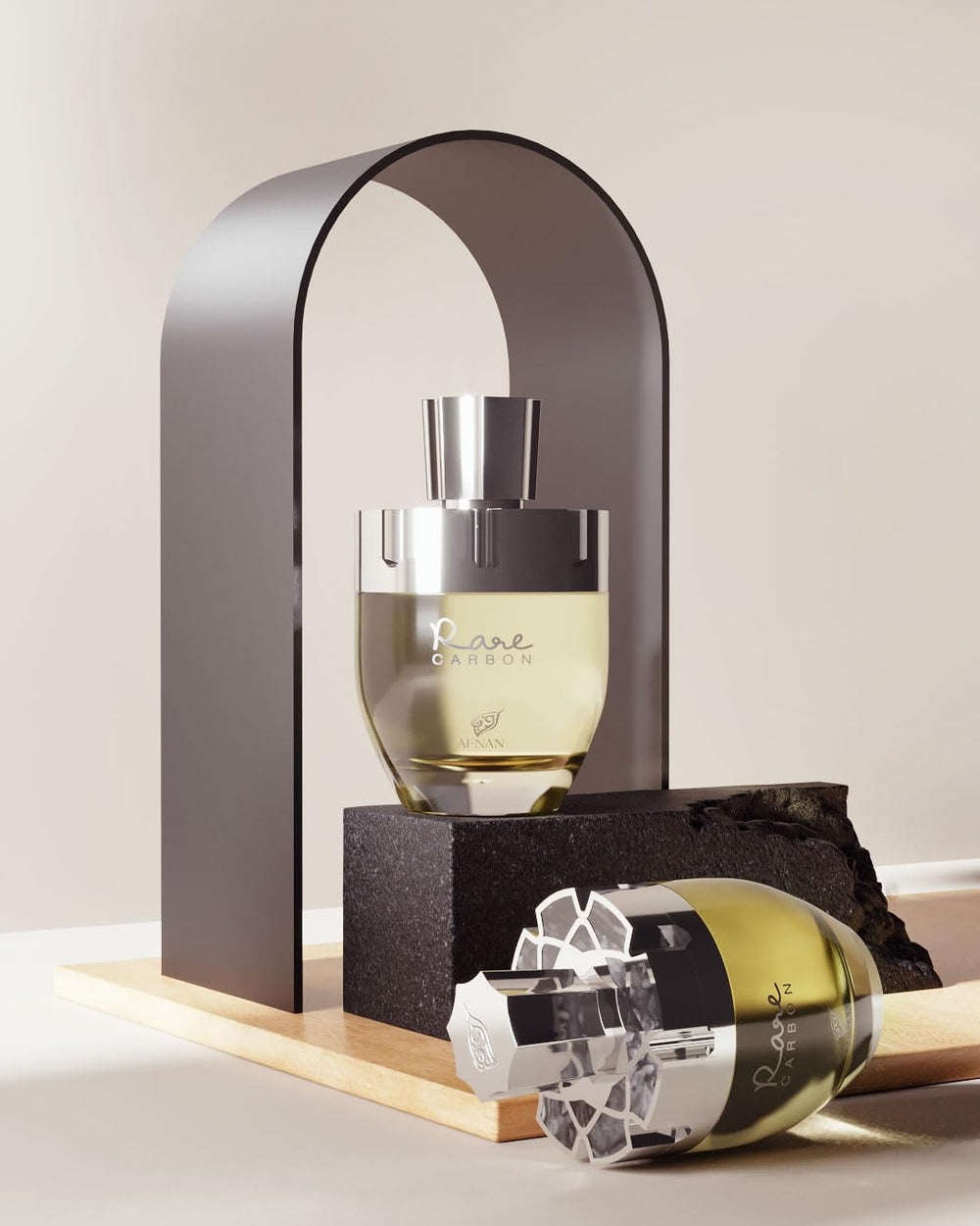 Afnan Rare Carbon bottle at an angle for versatile appeal.