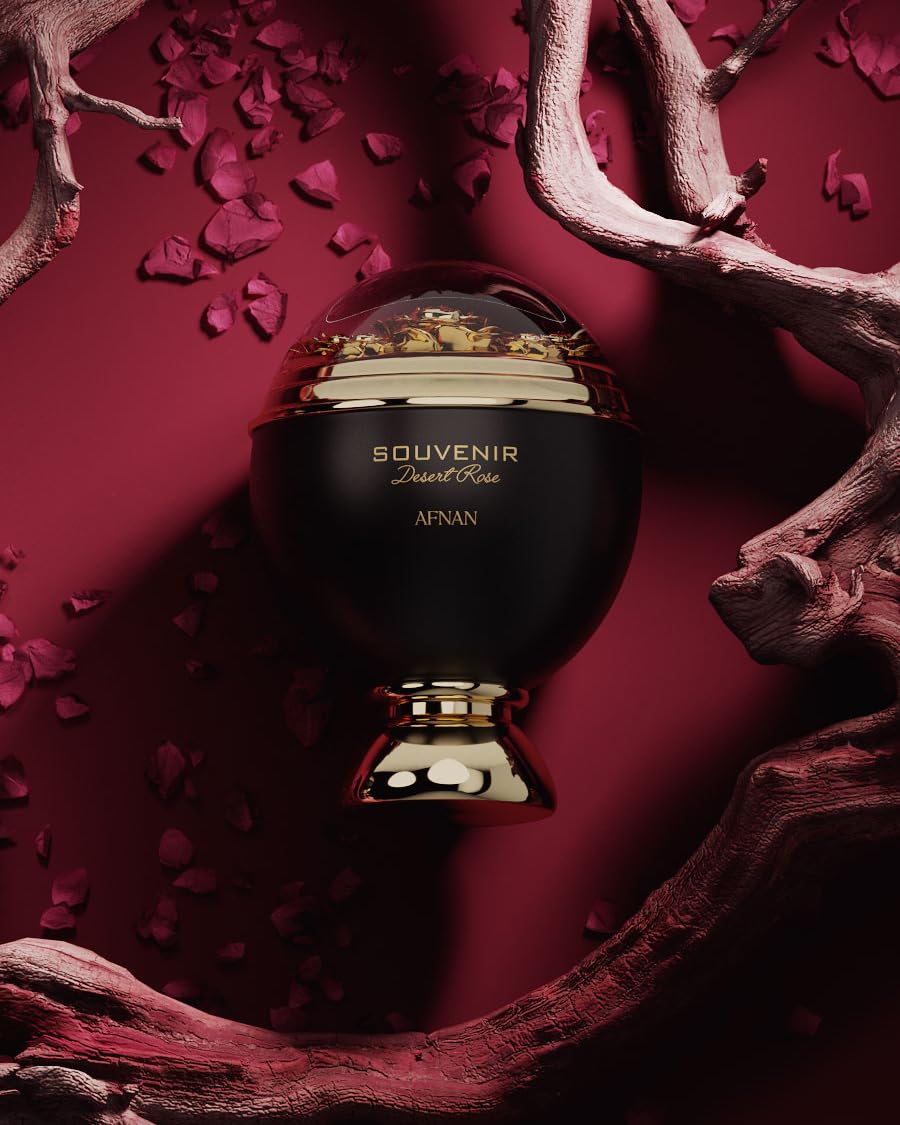 Afnan Souvenir Desert Rose box set on display in a stylish vanity area.