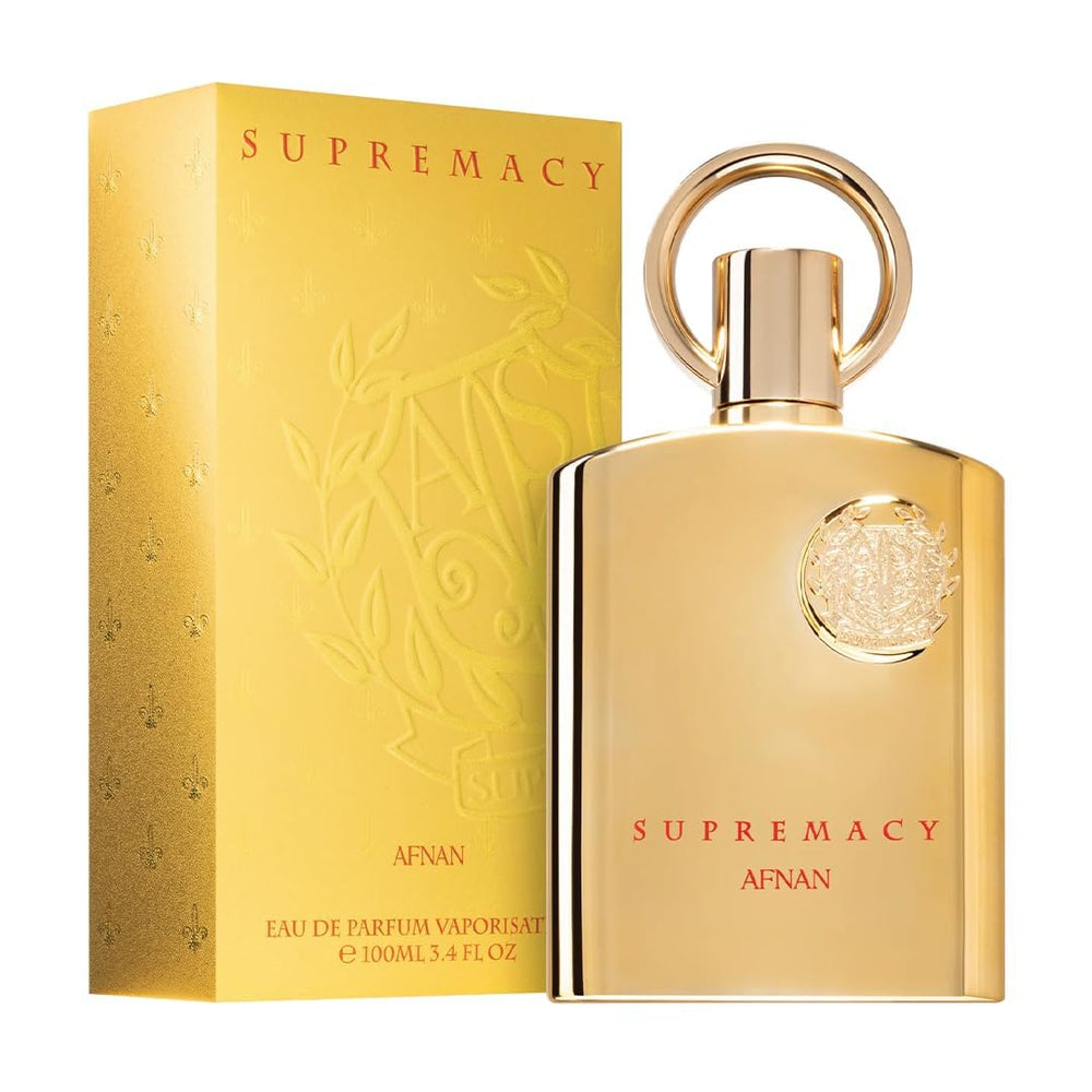 Outer packaging of Afnan Supremacy Gold highlighting premium presentation