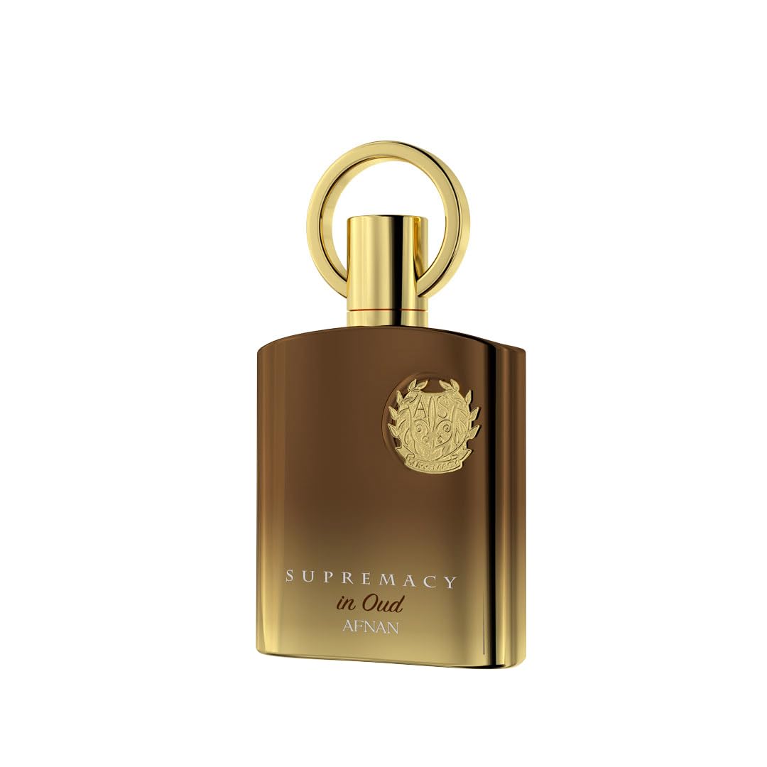 Afnan Supremacy in Oud bottle cap close-up, hints of luxury craftsmanship.