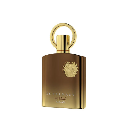 Afnan Supremacy in Oud bottle cap close-up, hints of luxury craftsmanship.