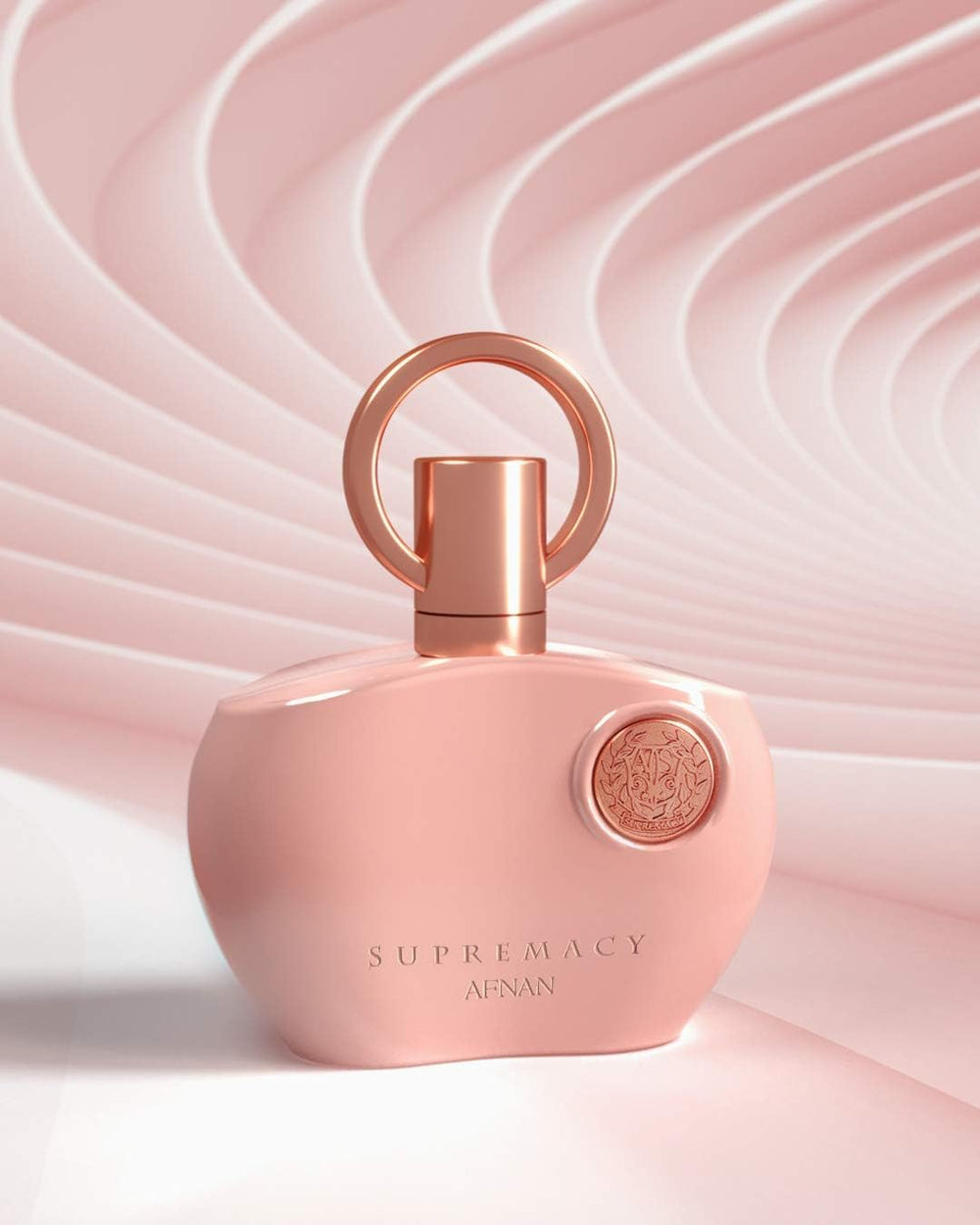 Afnan Supremacy Pink 3.4 oz bottle on vanity, inviting everyday elegance