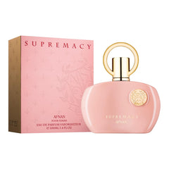 Afnan Supremacy Pink bottle with rose and peony notes for romantic daytime moments