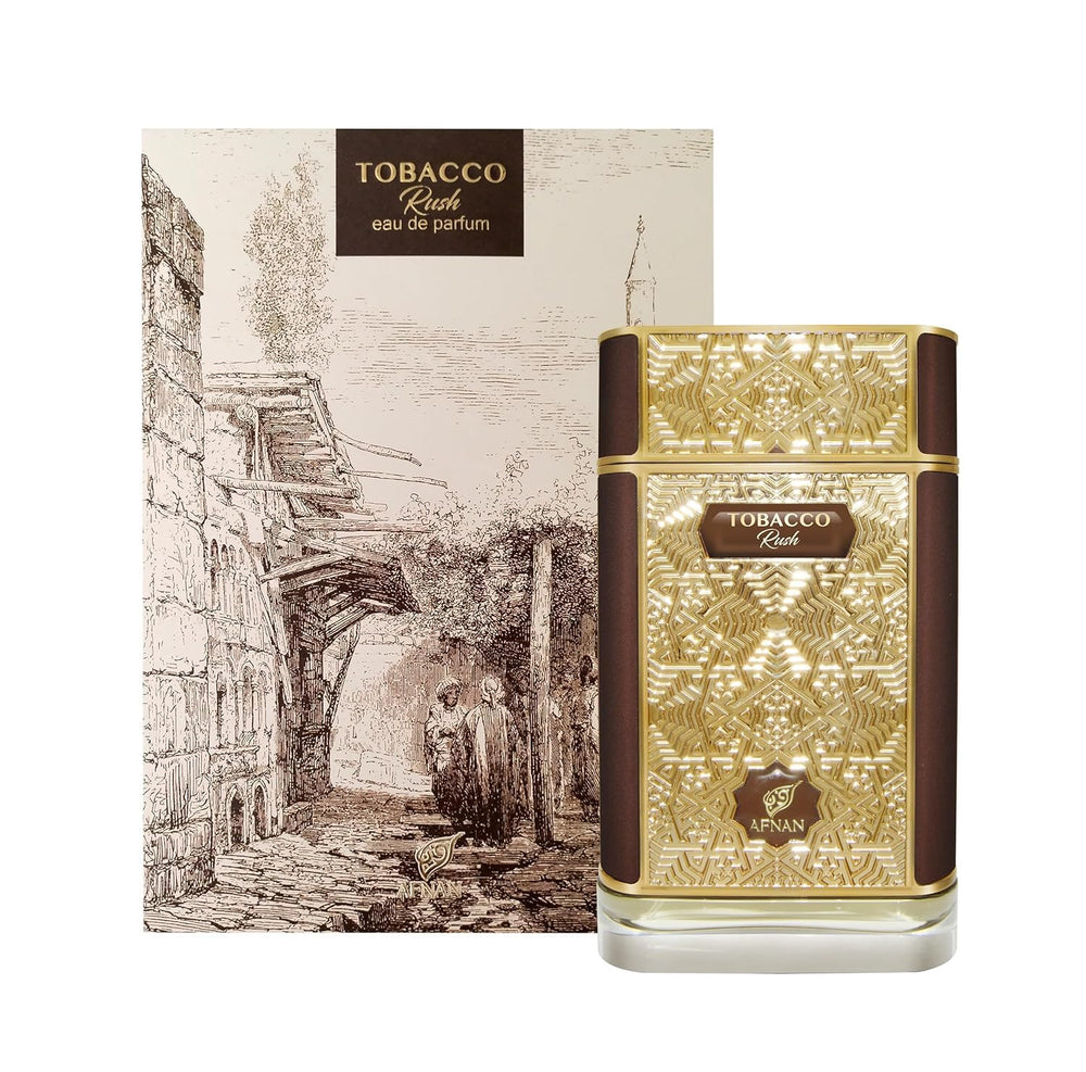 Afnan Tobacco Rush base notes amber, cedar, oud for lasting warmth.
