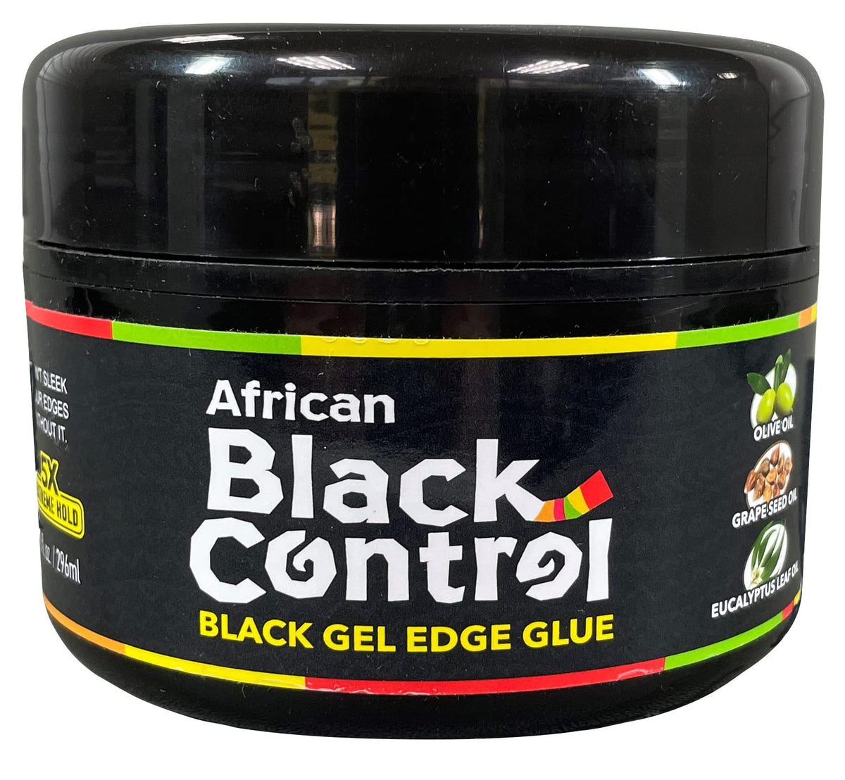 African Black Control Black Gel Edge Glue bottle smooths edges and adds shine.