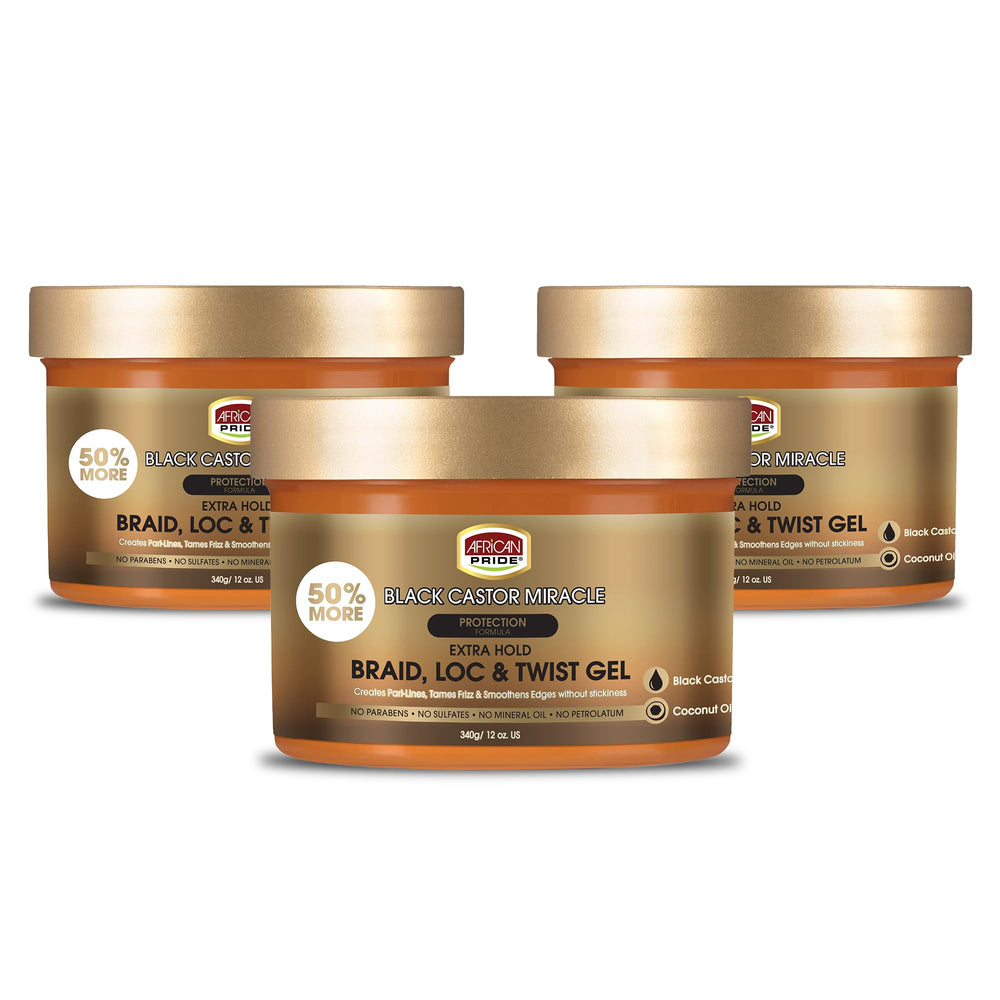 African Pride Black Castor Miracle braid gel bottles deliver strong hold without flaking.