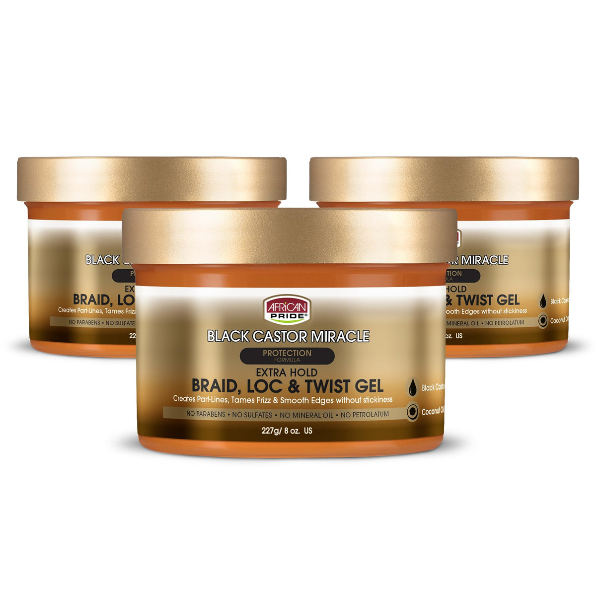 African Pride Black Castor Miracle Gel for braids; strong hold and shine.