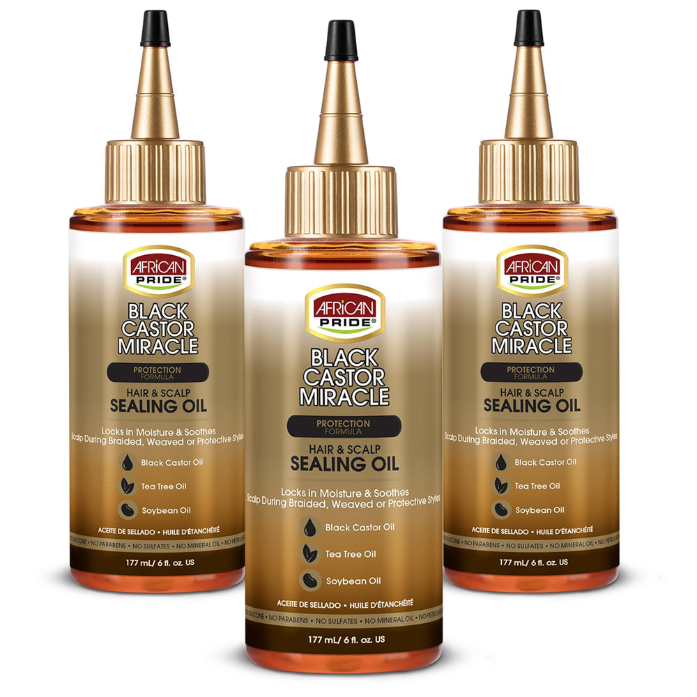 African Pride Black Castor Miracle Oil bottle for deep hydration and moisture sealing.
