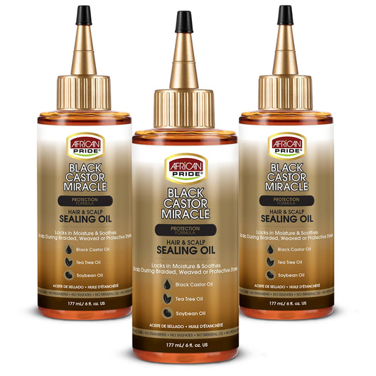 African Pride Black Castor Miracle Oil bottle for deep hydration and moisture sealing.