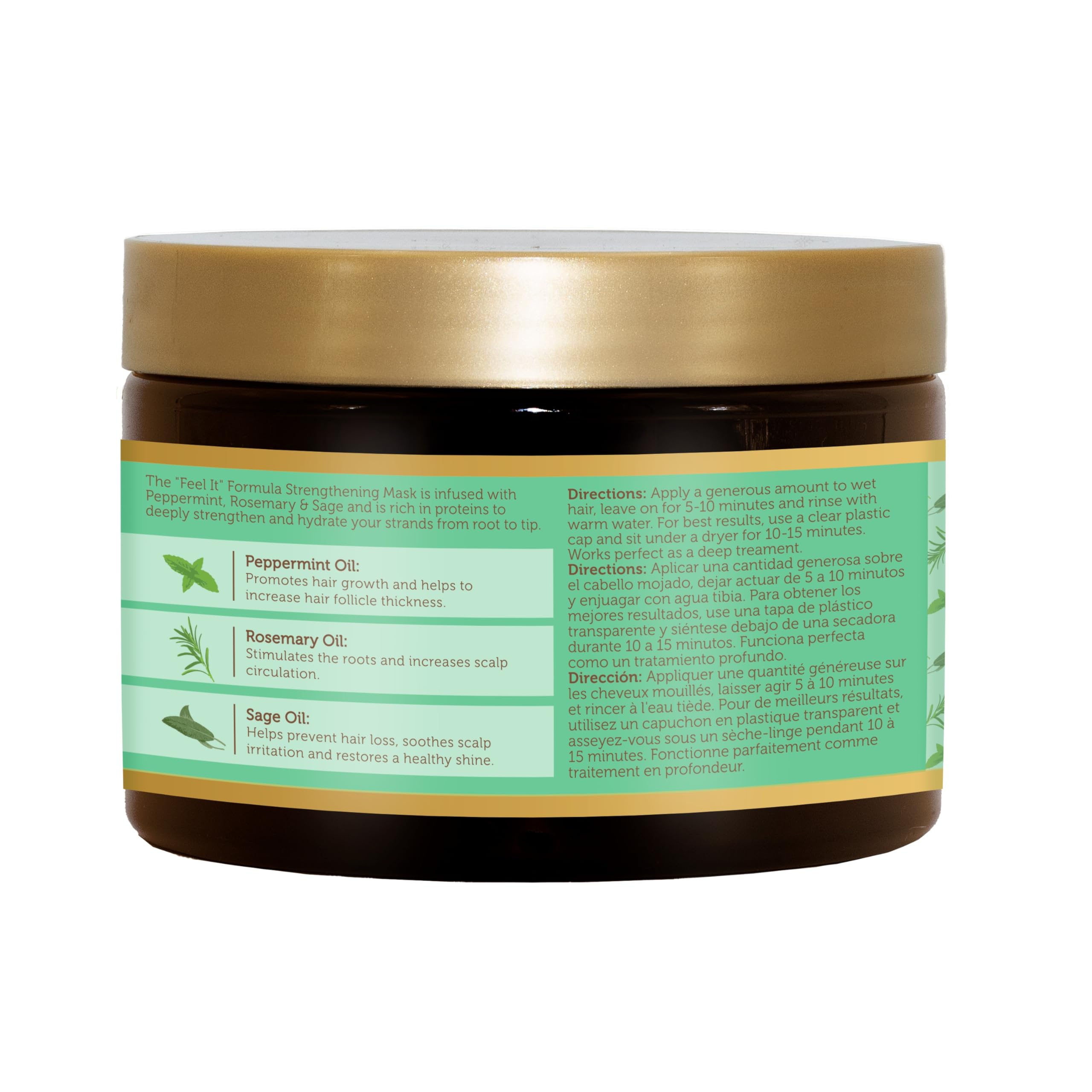 African Pride Feel It Formula bottle close-up highlights peppermint, rosemary, sage for nourishing care.