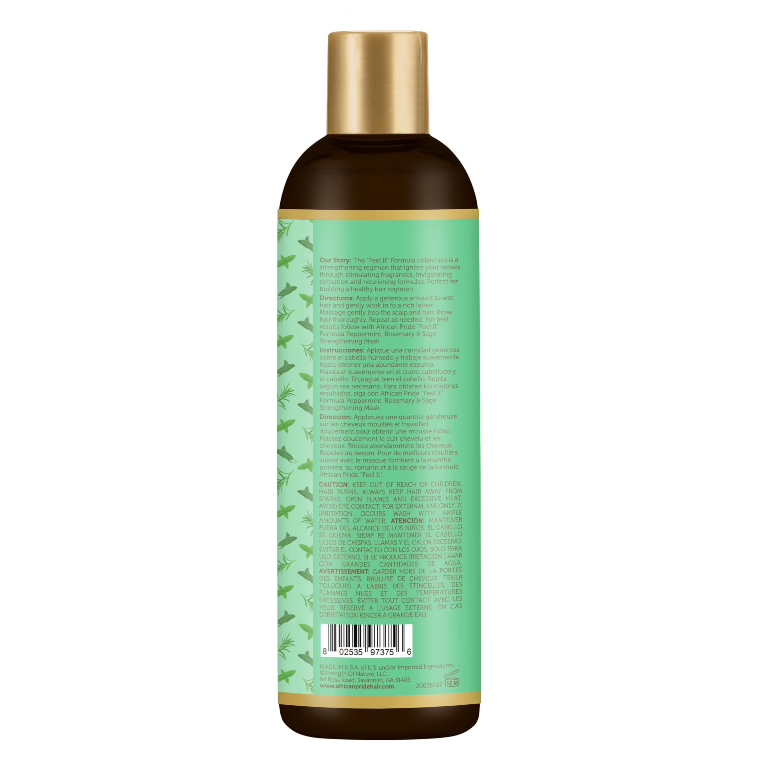 African Pride Feel It Formula Shampoo peppermint oil tingling for a fresh scalp.