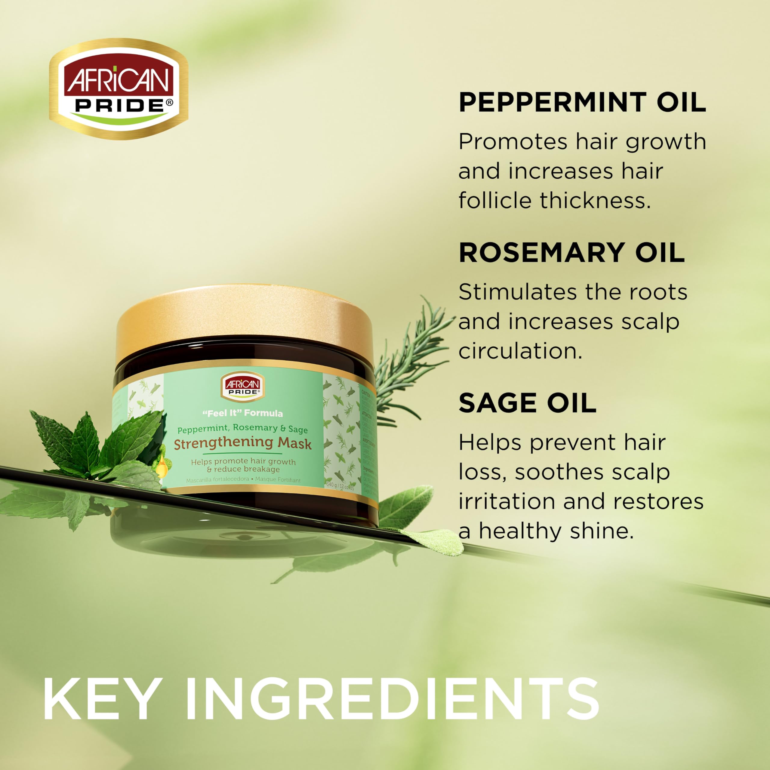 African Pride Feel It Formula peppermint oil—stimulates scalp and adds refreshing sensation.