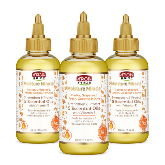African Pride Moisture Miracle bottle pour showing lightweight moisture and shine