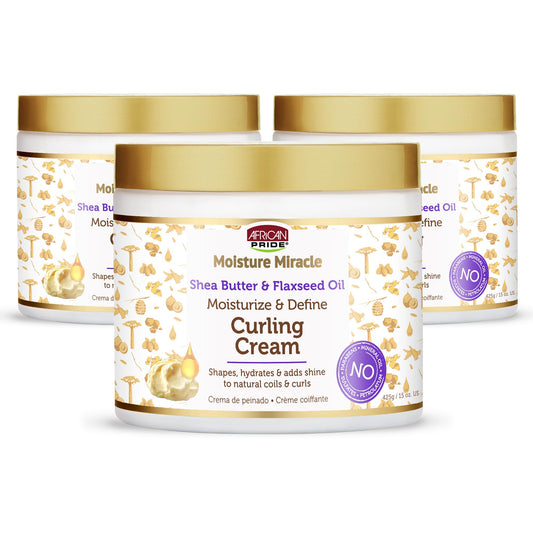 African Pride Moisture Miracle Curling Cream bottle highlighting smooth hold for defined curls.