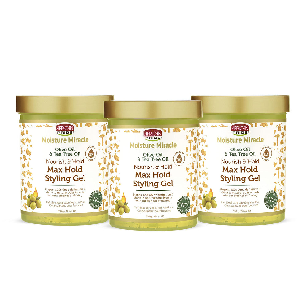 African Pride Moisture Miracle gel jar showing definition on curls