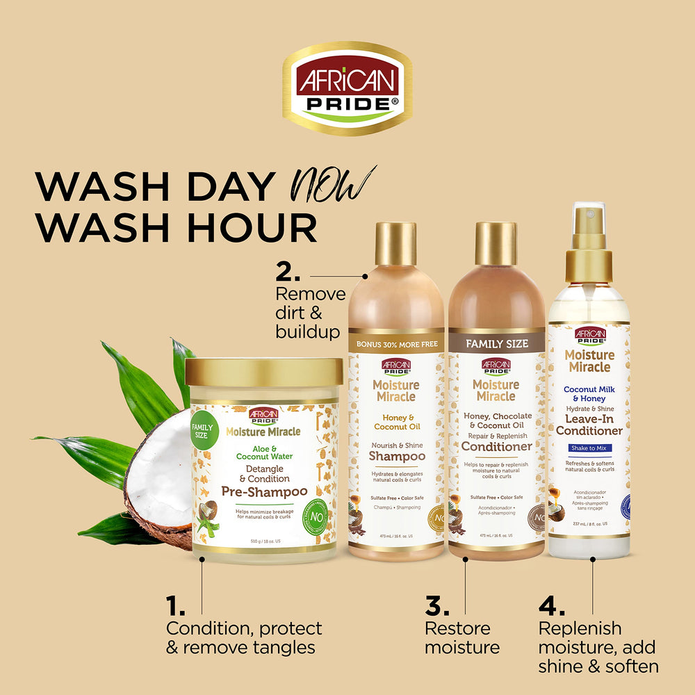 African Pride Moisture Miracle honey-coconut ingredients highlight moisture retention