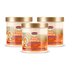 African Pride Shea Miracle Bouncy Curls Pudding 3-pack box for versatile styling.
