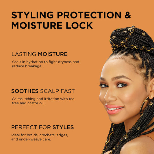 African Pride Tea Tree Oil application demonstrating scalp refresh and calm.