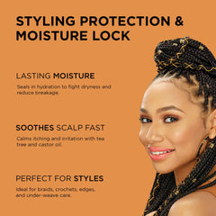 African Pride Tea Tree Oil application demonstrating scalp refresh and calm.