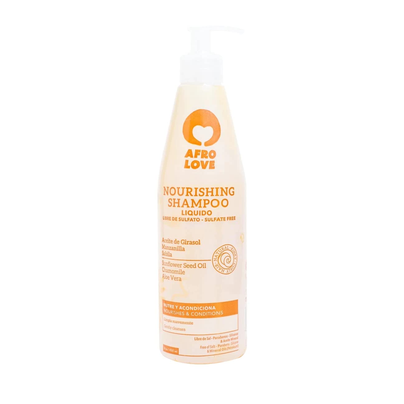 Afro Love Nourishing Shampoo bottle pour highlights the hydrating formula for gentle scalp care.