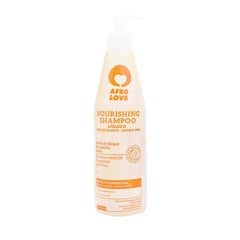 Afro Love Nourishing Shampoo bottle pour highlights the hydrating formula for gentle scalp care.