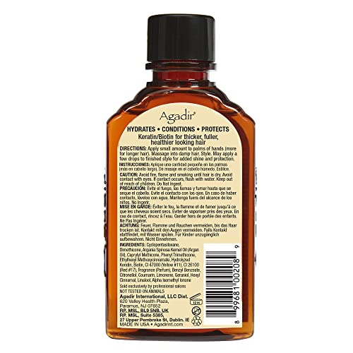 Agadir Argan Oil Hair Treatment pour illustrates a non-greasy, fast-absorbing formula.