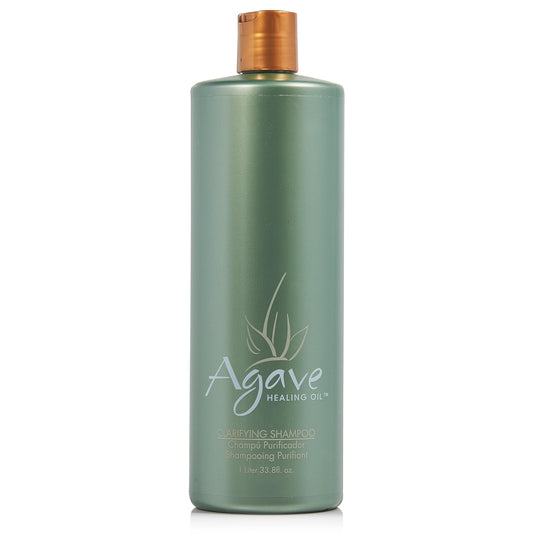 Agave Healing Oil Clarifying Shampoo bottle shows sulfate-free formula for daily cleansing