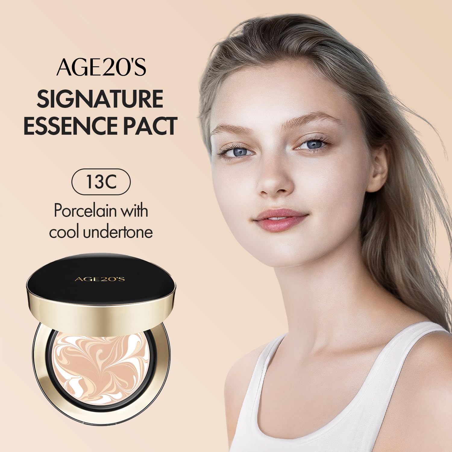 AGE 20's Signature Essence Pact porcelain shade 13C Porcelain matches light skin tones.