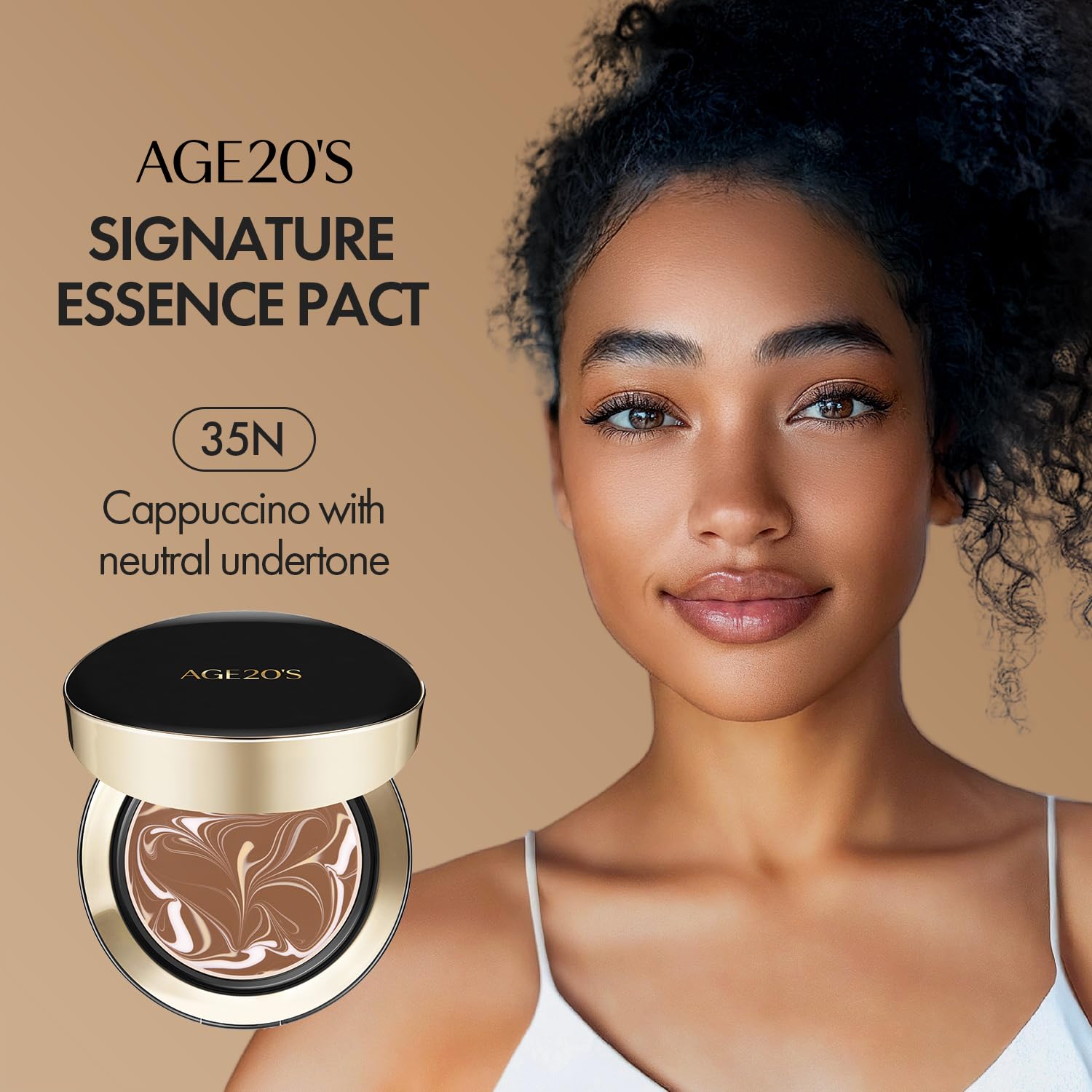 AGE 20's cappuccino shade on model delivers natural coverage with luminous glow.