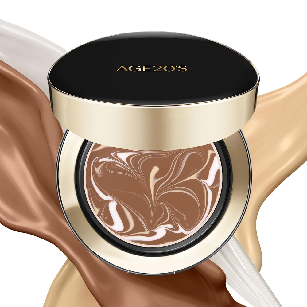 AGE 20's Signature Essence Pact bottle close-up shows SPF 50+ protection for daily wear.