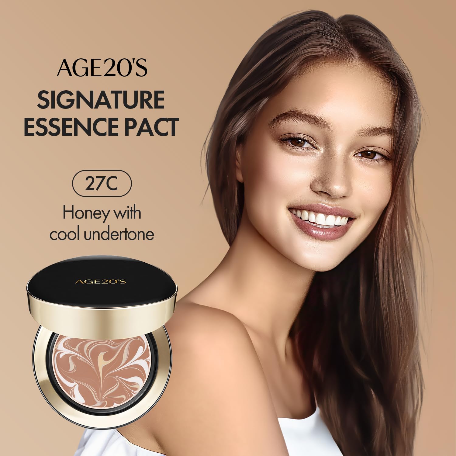 Close-up of dewy glow achieved with AGE 20's Signature Essence Pact.
