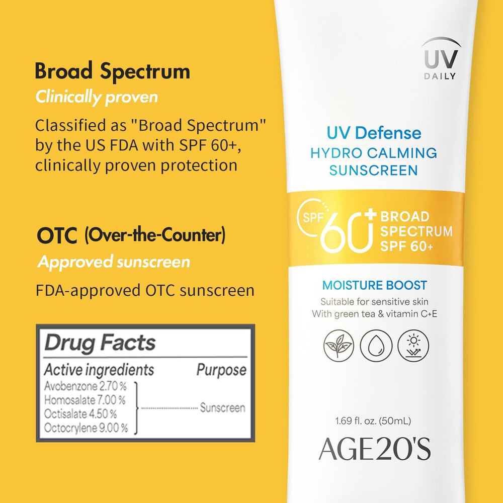 AGE 20's UV Defense bottle with green tea extract imagery.